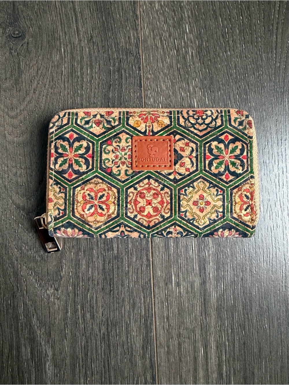 Portugal Cork Zip Around Wallet Azulejo Tile Print Travel Boho Like New